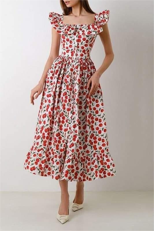 Floral Frill Square Collar Midi Dress