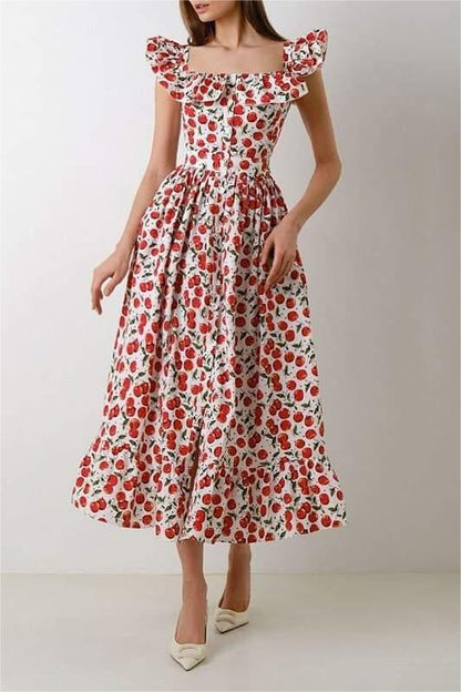 Floral Frill Square Collar Midi Dress