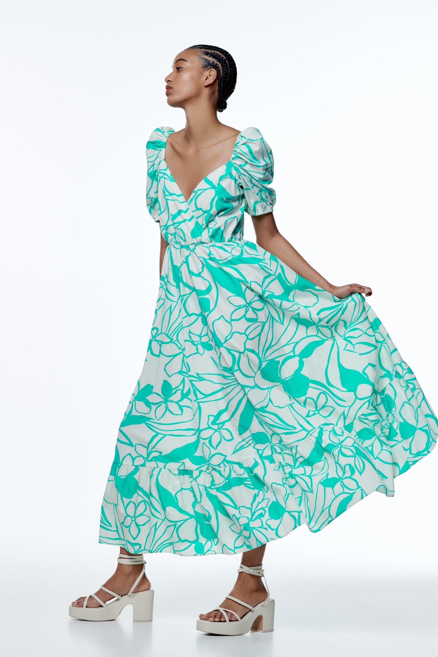 Floral Puff Sleeve V-Neck Large Hemline Maxi Dress