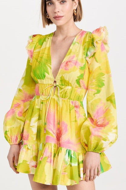 Floral V-Neck Frill Lantern Sleeve Mini Dress