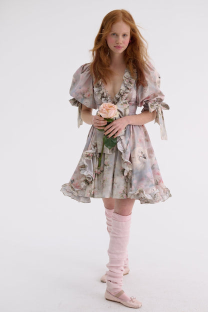 Floral Frill V-Neck Puff Sleeve Mini Dress