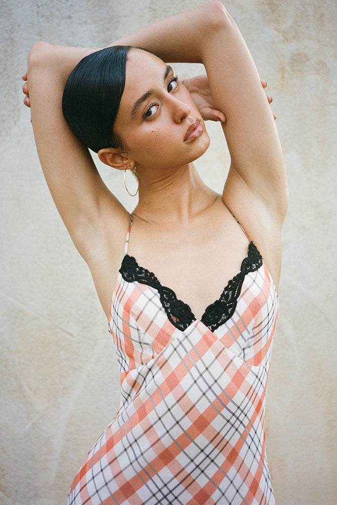 Lace Checks Slip Midi Dress