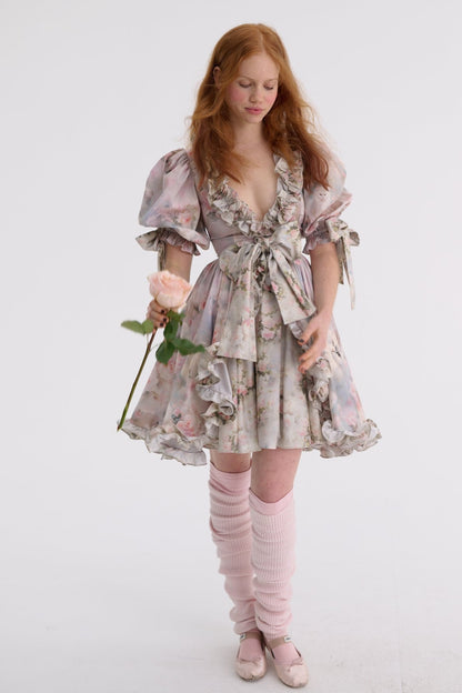 Floral Frill V-Neck Puff Sleeve Mini Dress