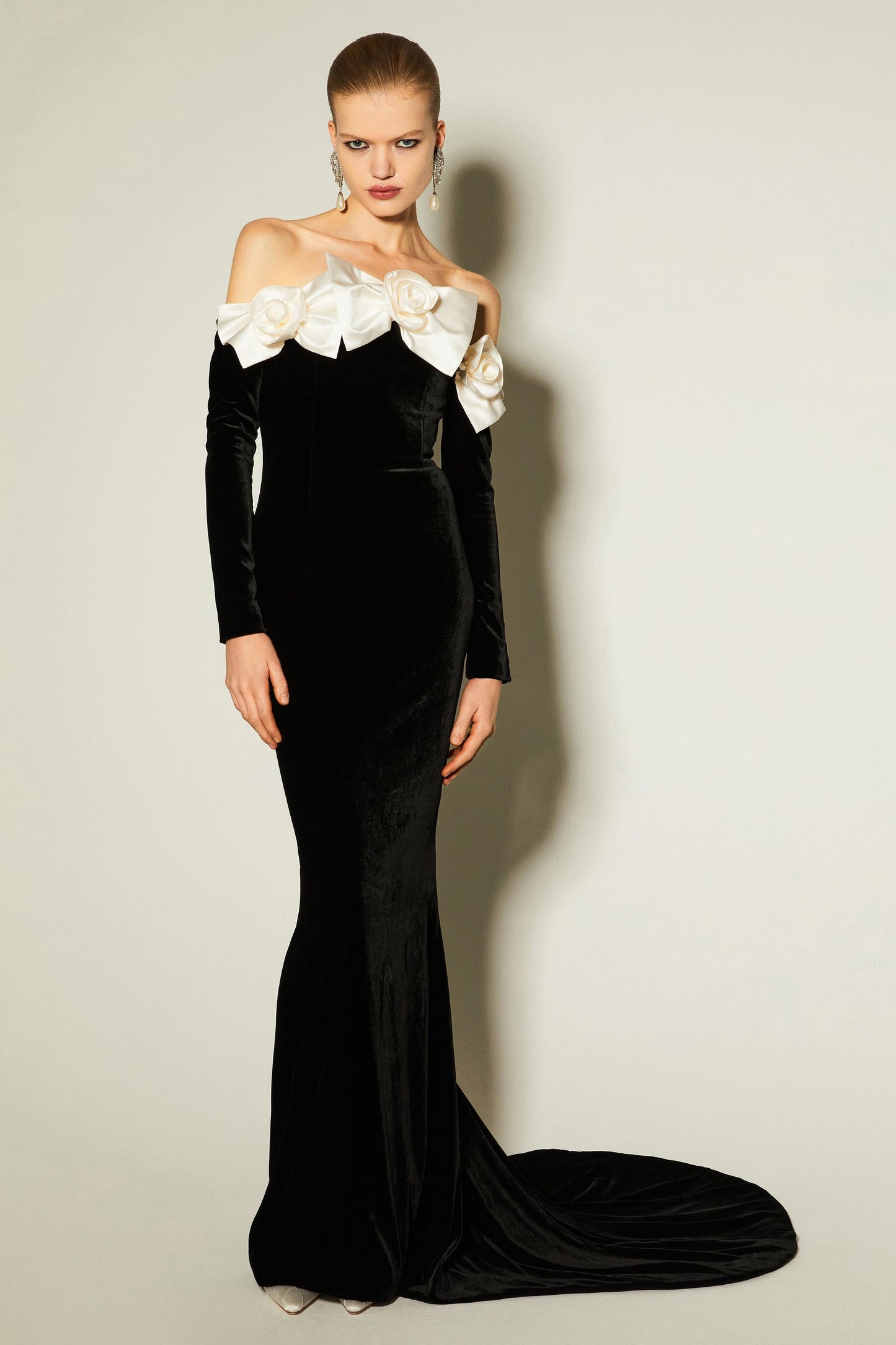 Lara Bowtie Off-shoulder Velvet Maxi Dress