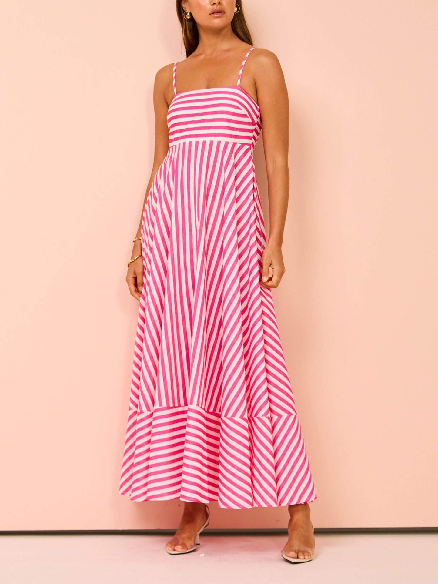 Striped Spaghetti Strap Square Neck Chevron Panel Maxi Dress