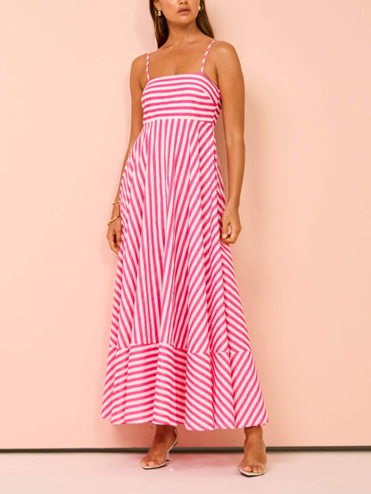 Striped Spaghetti Strap Square Neck Chevron Panel Maxi Dress