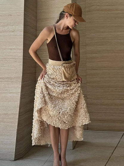 Elegant 3D Flower Solid A-Line Elastic High Waist Skirt