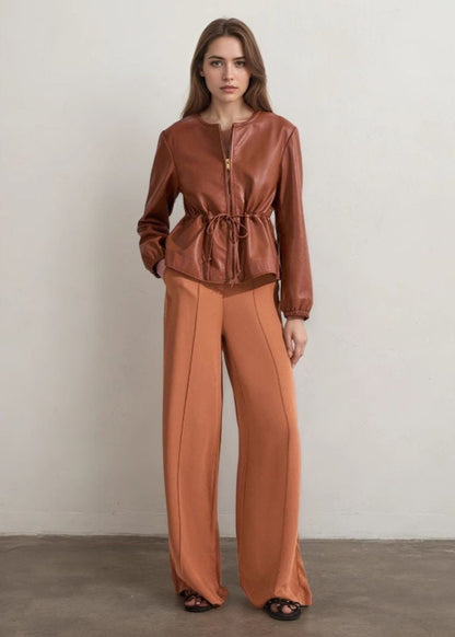 Sorelle - Cognac Faux Leather Zip Jacket with Drawstring Waist