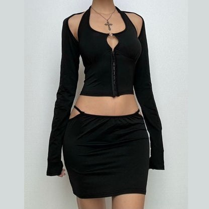 Hollow out long sleeve halter skirt set