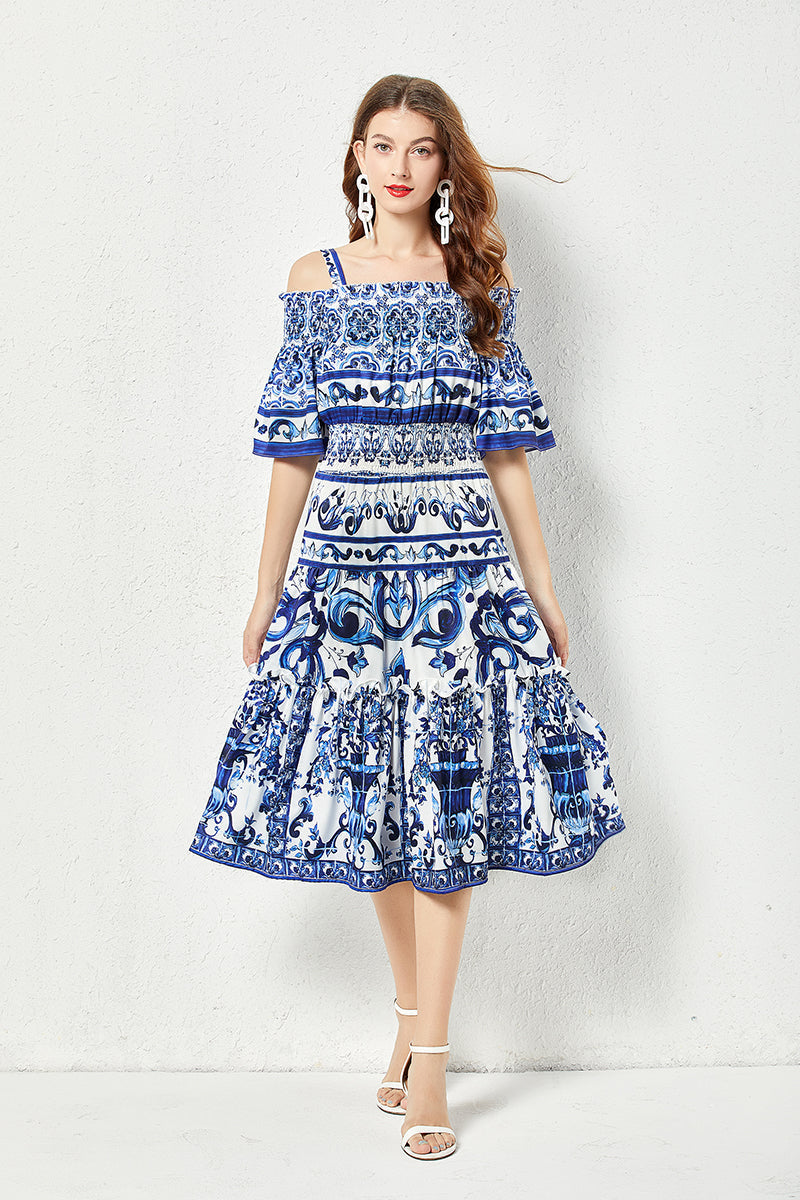 Porcelain Tile Print Off-the-Shoulder Smocked Waist Tiered Ruffle Midi Dress