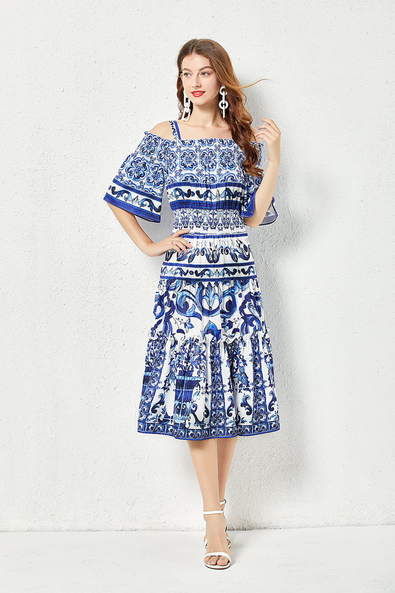 Porcelain Tile Print Off-the-Shoulder Smocked Waist Tiered Ruffle Midi Dress