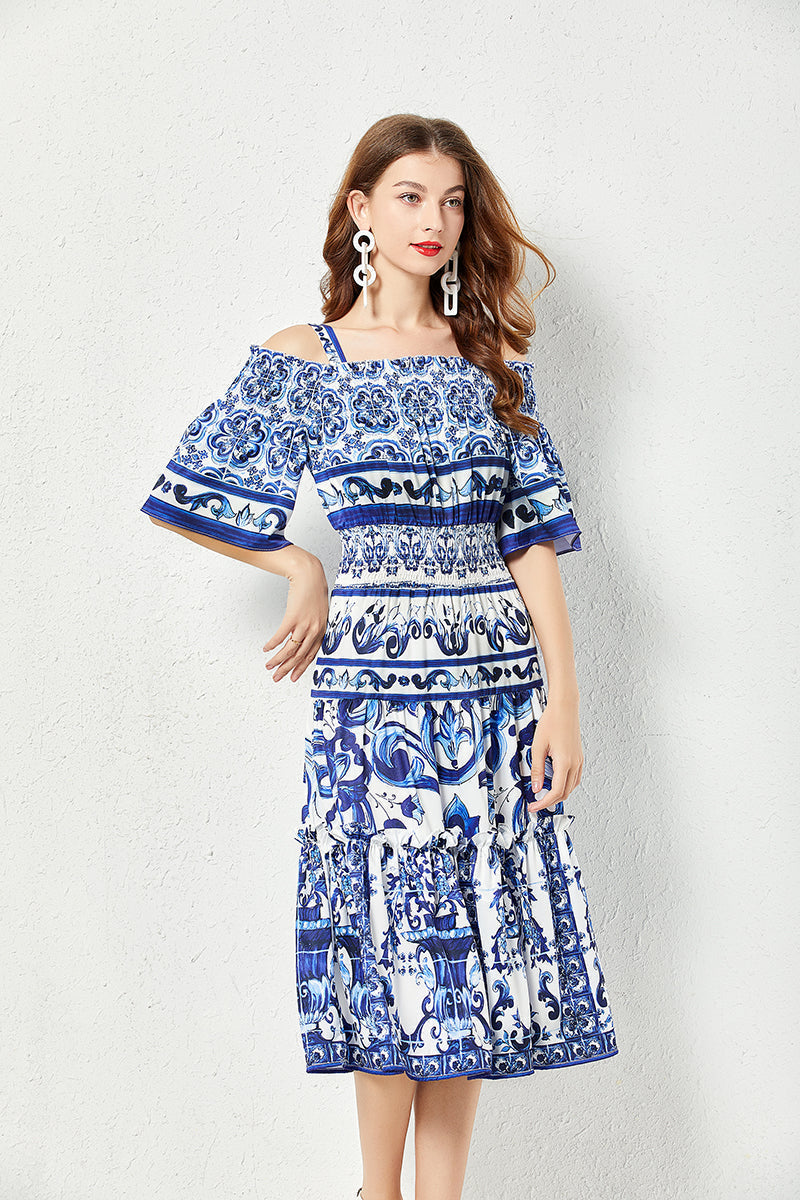 Porcelain Tile Print Off-the-Shoulder Smocked Waist Tiered Ruffle Midi Dress