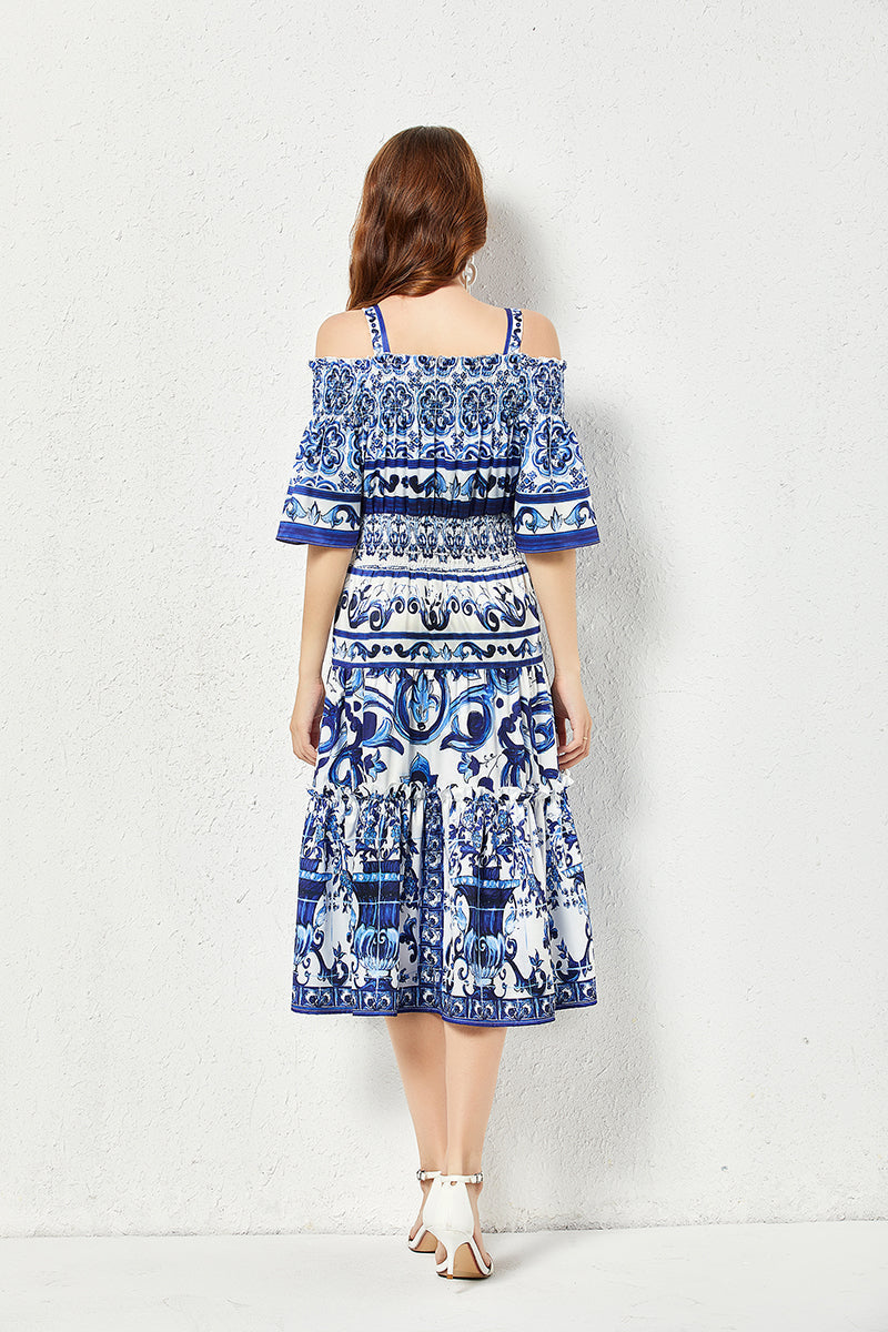 Porcelain Tile Print Off-the-Shoulder Smocked Waist Tiered Ruffle Midi Dress
