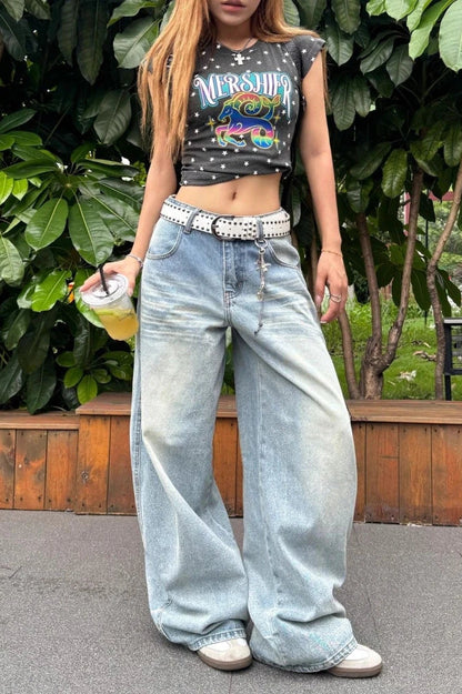 High Waist Embroidered Wide Leg Jeans
