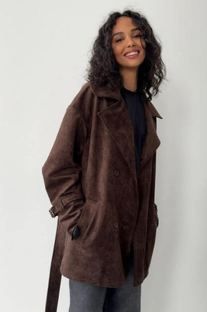 Vintage Suede Lapel Tie Waist Jacket Coat