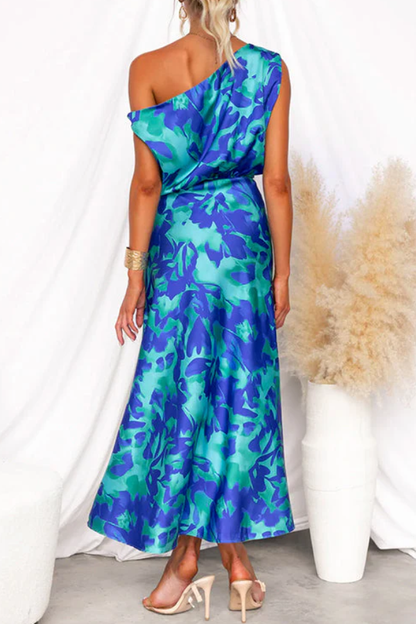 One Shoulder Tie Waist Slit Floral Print Maxi Dress