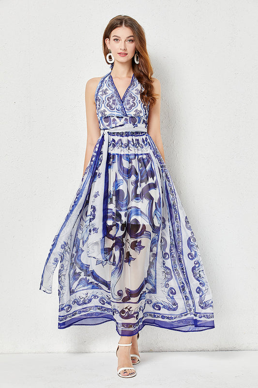 Strap Backless Pleated High Waist Slim Dress Tencel Dress