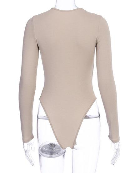 Bodysuit Light Apricot Long Sleeves Piping Stretch Notched Neckline Sexy Cotton Top For Women
