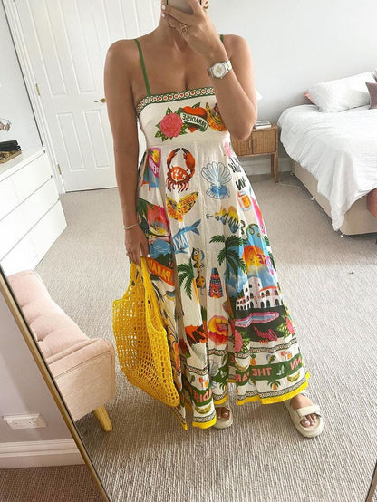 Paradise Graffiti Print Swing Sundress Beach Dress