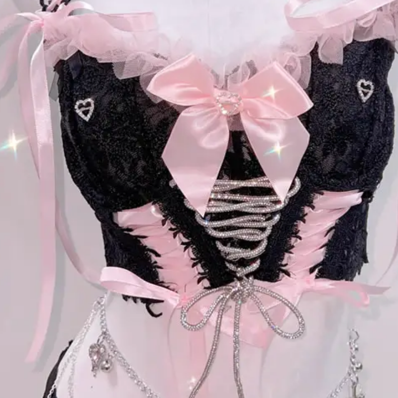 Bowknot ribbon lace up v neck cami pant set