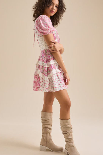 Floral Print Puff Sleeve Lace Smocked Waist Tiered Ruffle Mini Dress