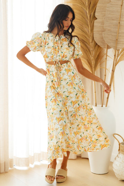 Waist Revealing Long Dress Printed Short Sleeve Puff Sleeve Dress
