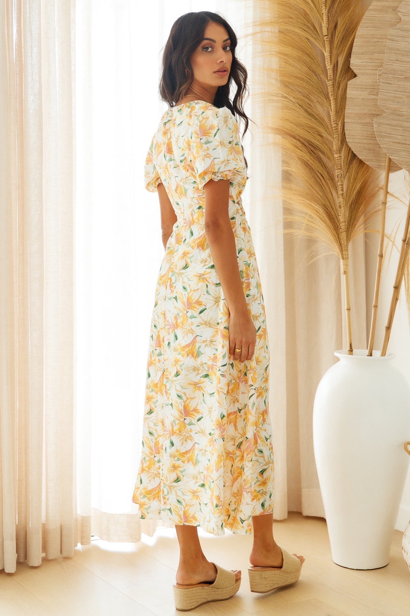 Waist Revealing Long Dress Printed Short Sleeve Puff Sleeve Dress