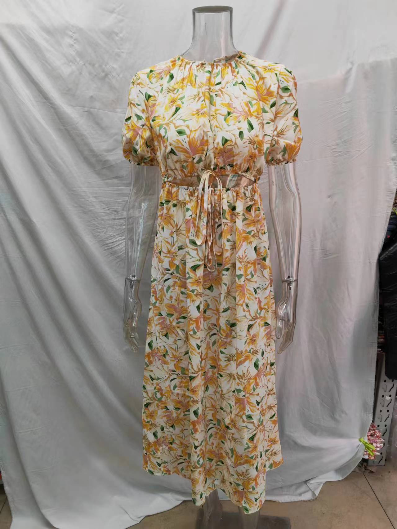 Waist Revealing Long Dress Printed Short Sleeve Puff Sleeve Dress