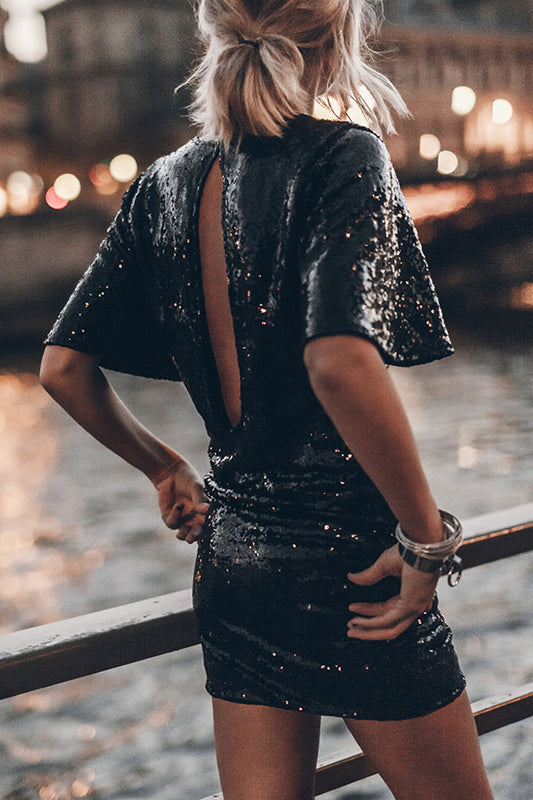 Countdown Celebration Sequin Short Bell Sleeve Open Back Ruched Mini Dress