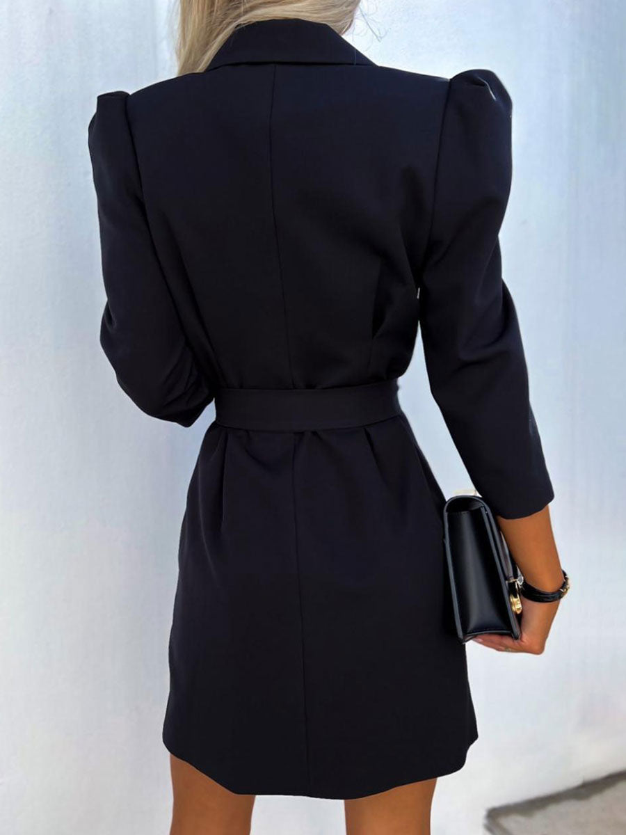 Blazer Dress White Belt Double Breasted Solid Color Slim Fit Casual Stylish Spring Fall Outerwear For Women