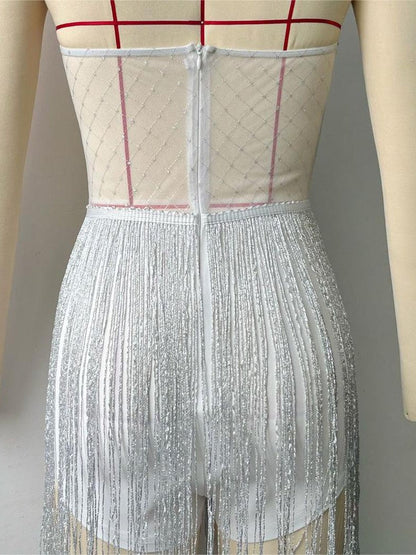 See through Tassel Bandeau Tube Irregular Asymmetric Dress