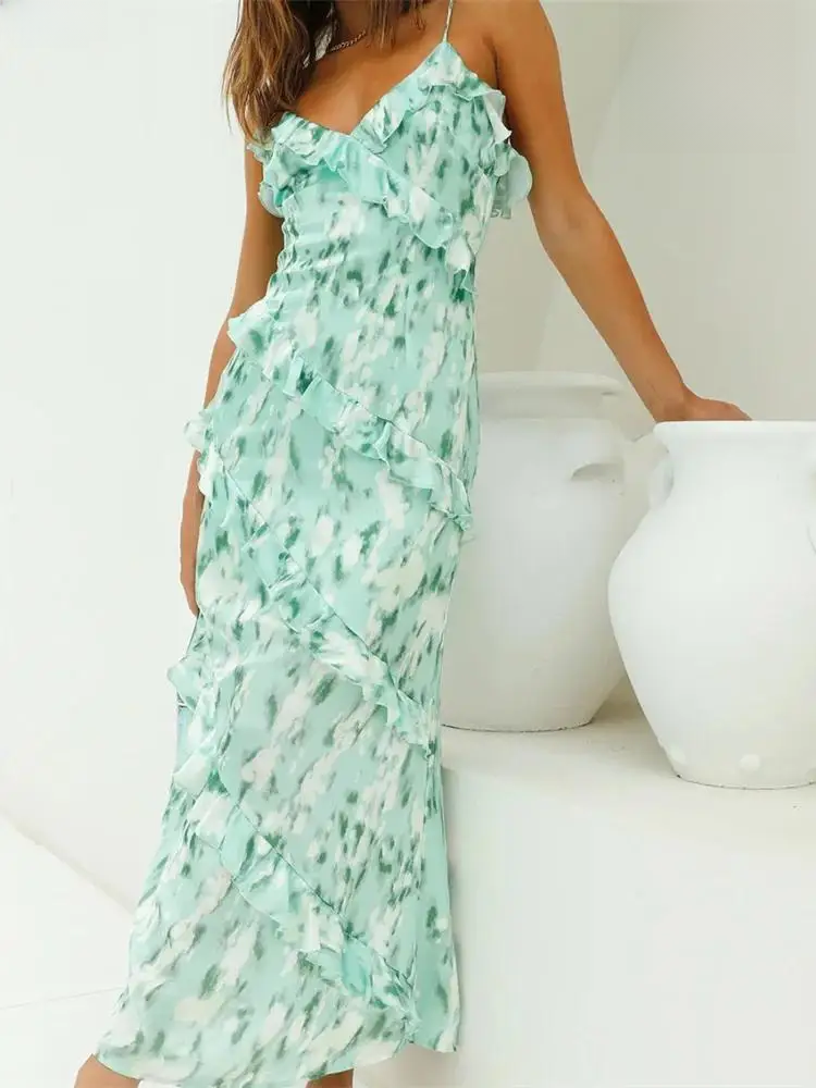 Green Ruffle Print Dress