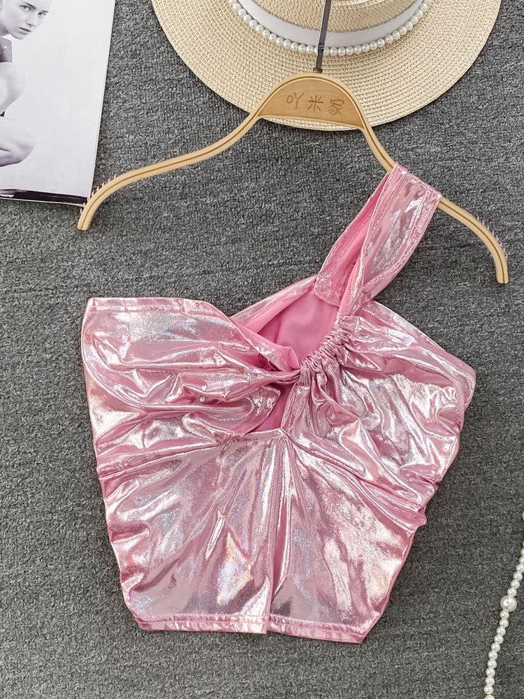 Metallic Golden One Shoulder Crop Top