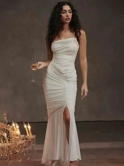 White Mesh Speaghetti Strap Fishtail Slit Dress