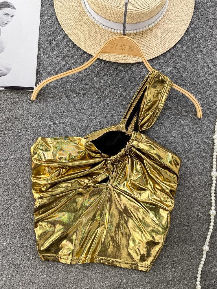 Metallic Golden One Shoulder Crop Top