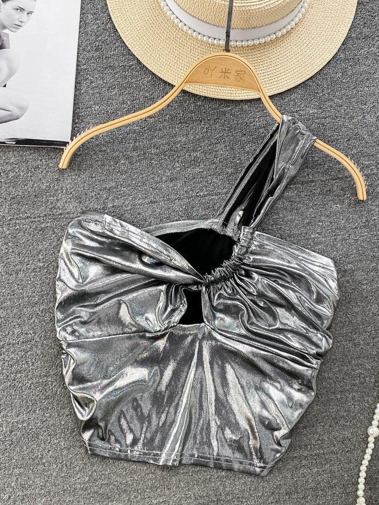 Metallic Golden One Shoulder Crop Top
