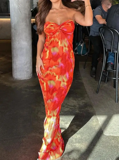 Printed Pleated Bandeau Tube Maxi Dress