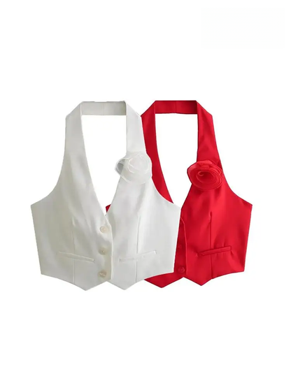 Red & White Halterneck Crop Waist Coat Vest & Skirt Coord Set