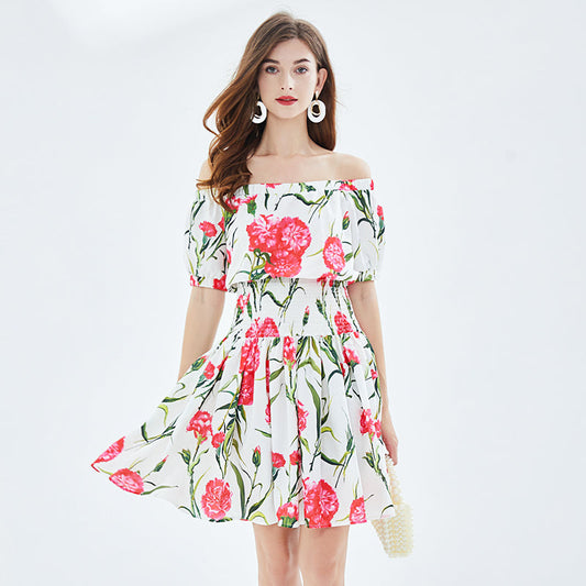Rose Print off shoulder Tight Seashore Vacation Dress