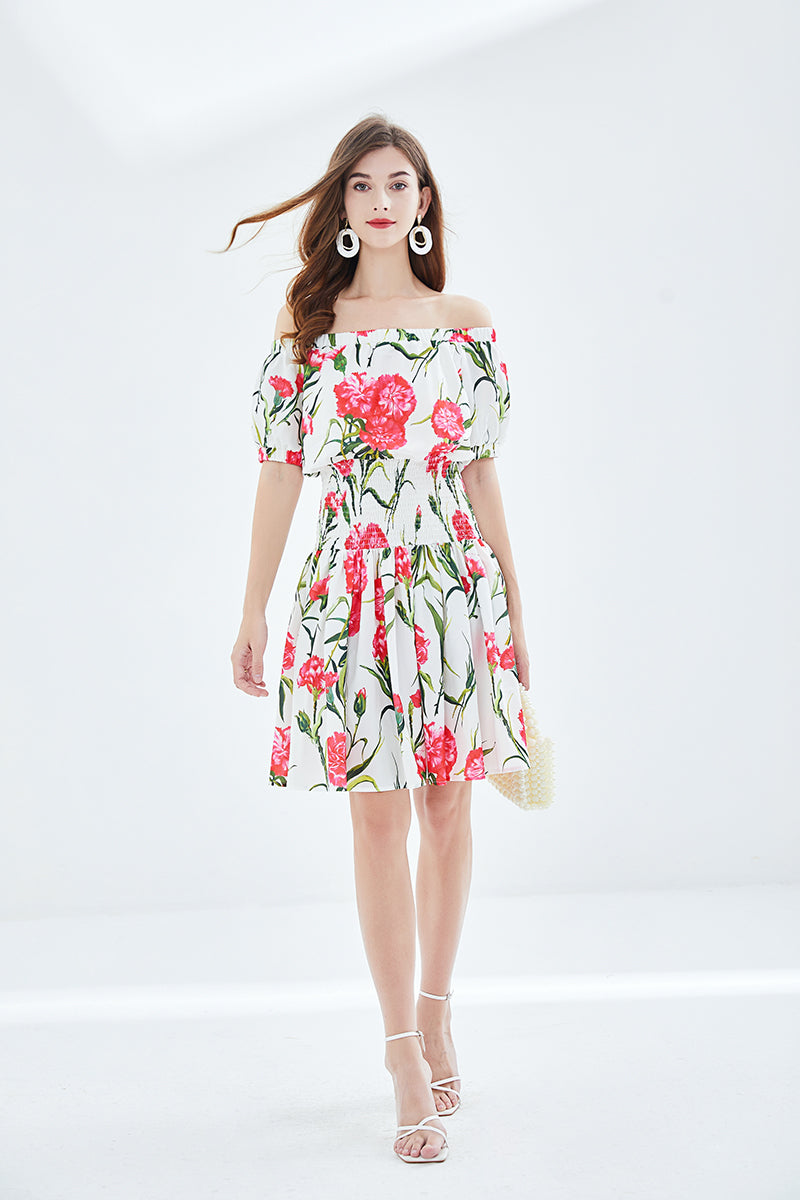Rose Print off shoulder Tight Seashore Vacation Dress