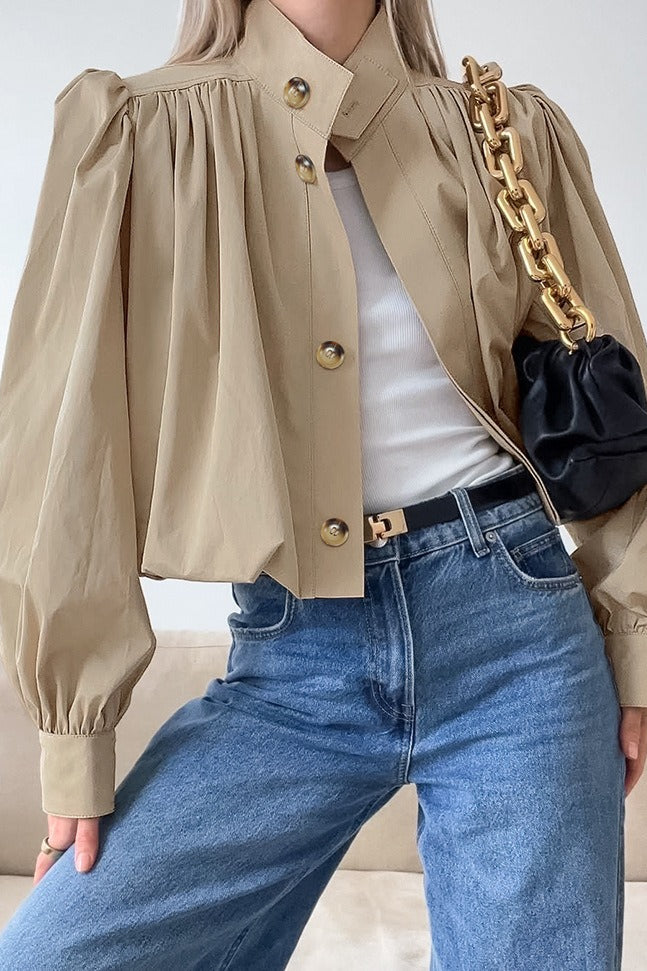 Loose Fit Khaki Puff Sleeve Jacket