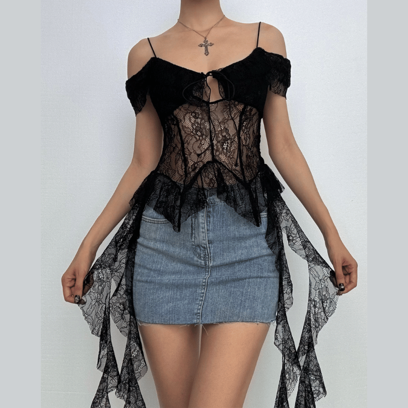 Off shoulder lace ruffle hollow out cut out top