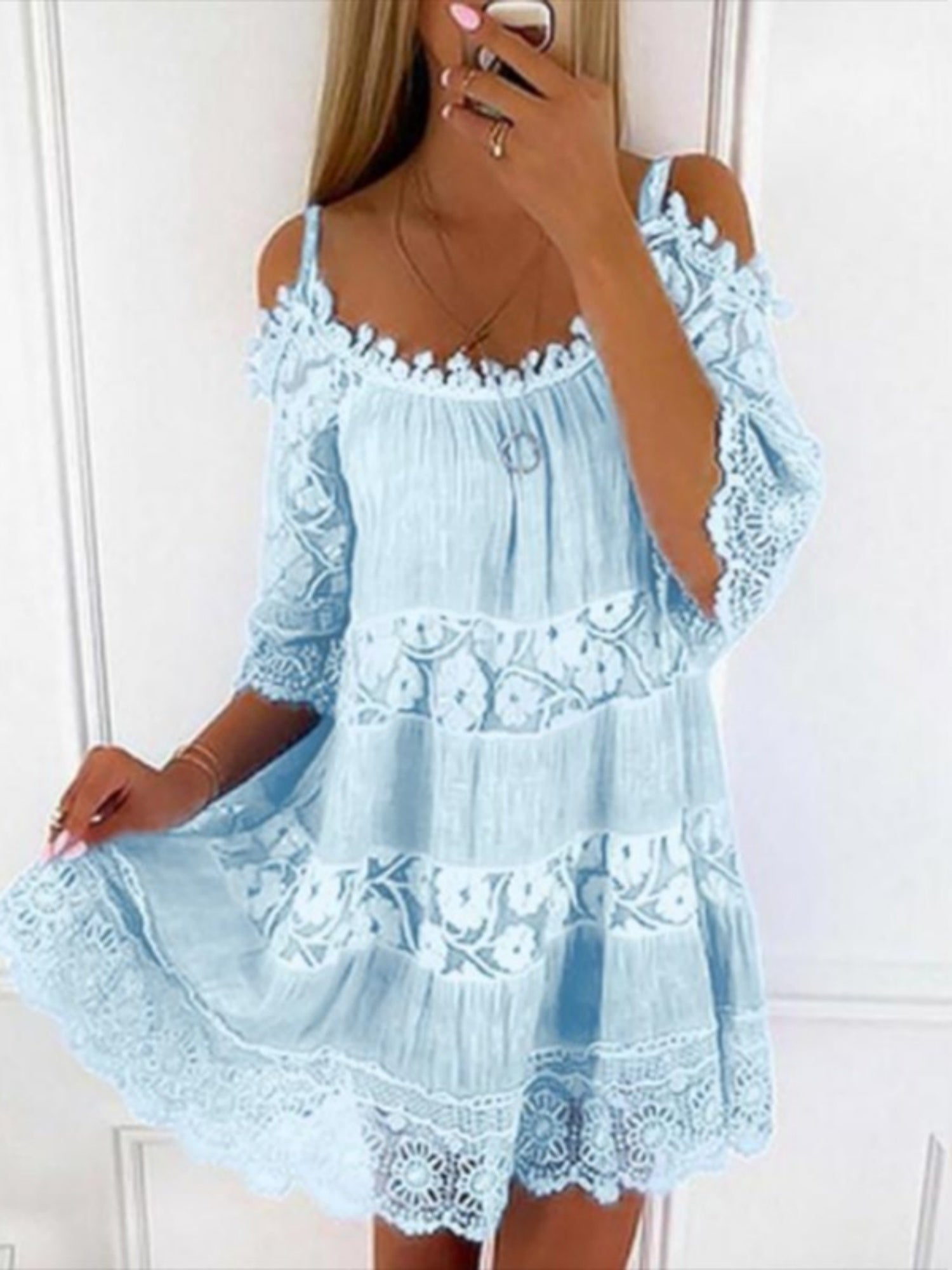 Lace Trim Hollow Out Splicing Spaghetti Strap Off-shoulder Mini&Short Dresses