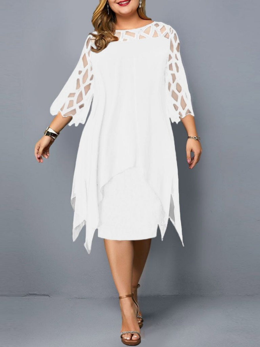 Geometry Splicing Three-quarter Sleeves Irregular Hem Chiffon Midi Dresses