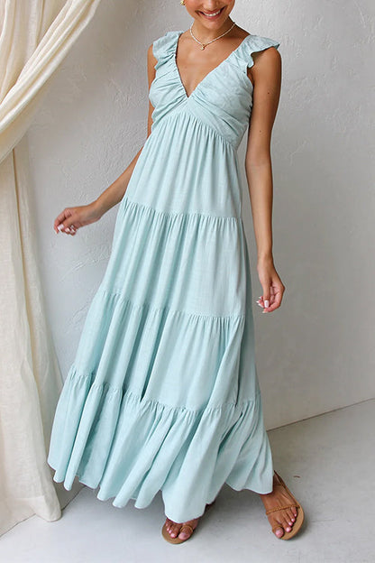 Plunging V-Neck Ruffle Strap Tiered Empire Waist Maxi Dress