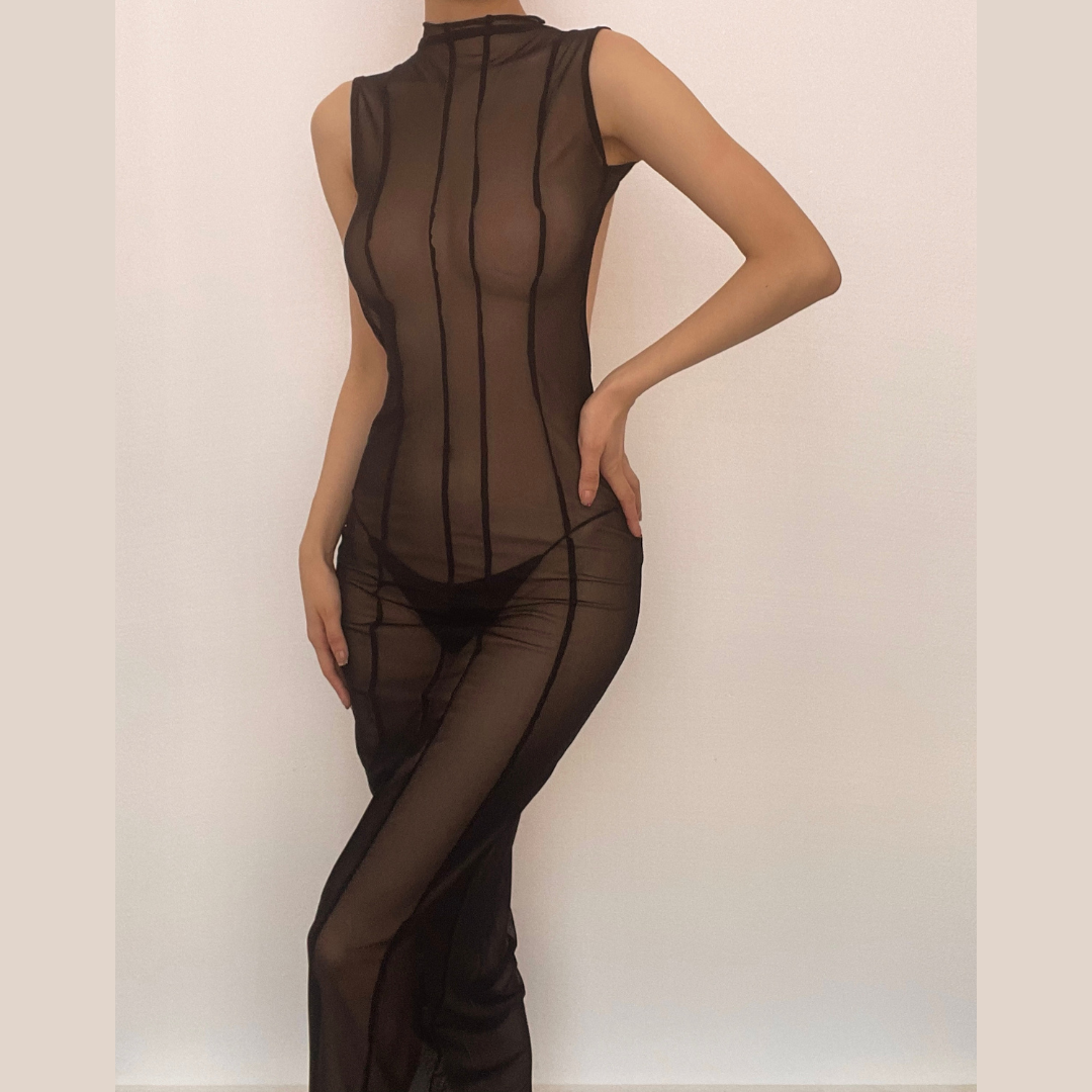 High Neck Vertical Panel Sheer Mesh Backless Maxi Dress