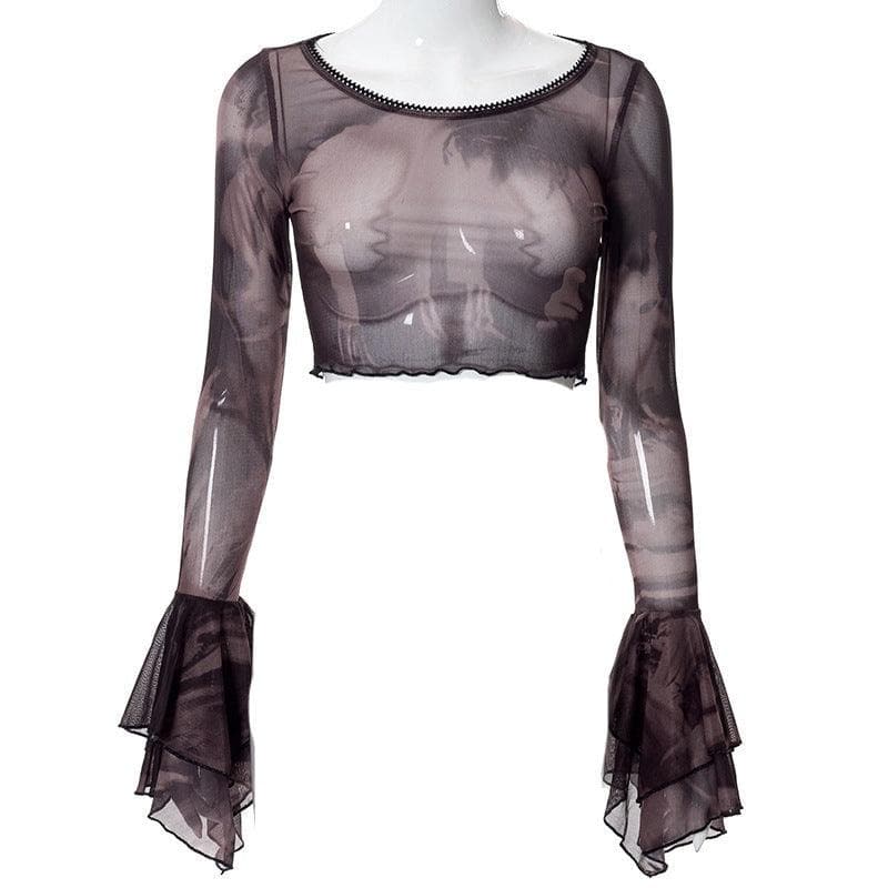 Round neck sheer mesh print long sleeve crop top