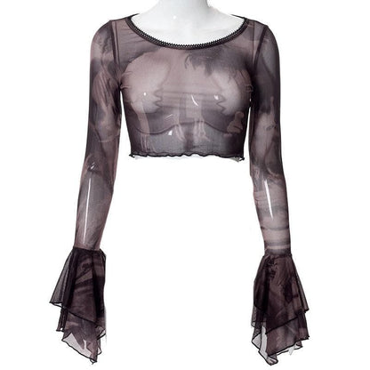 Round neck sheer mesh print long sleeve crop top