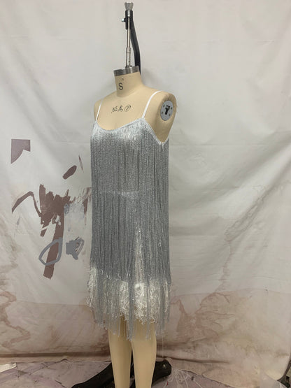 Silver Tassel Fringe Furry Sequins A LineDress