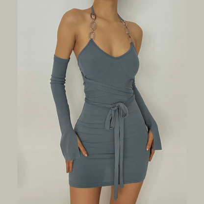 Self tie ribbed metal chain off shoulder long sleeve dress